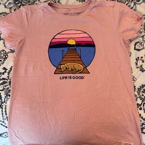 Women's Life is Good Dock Dog Sunset Short Sleeve Tee Shirt